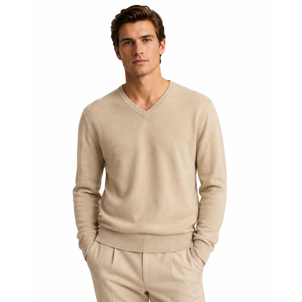 Club room Cream white 100% Cashmere Mens long sleeve V-neck Sweater